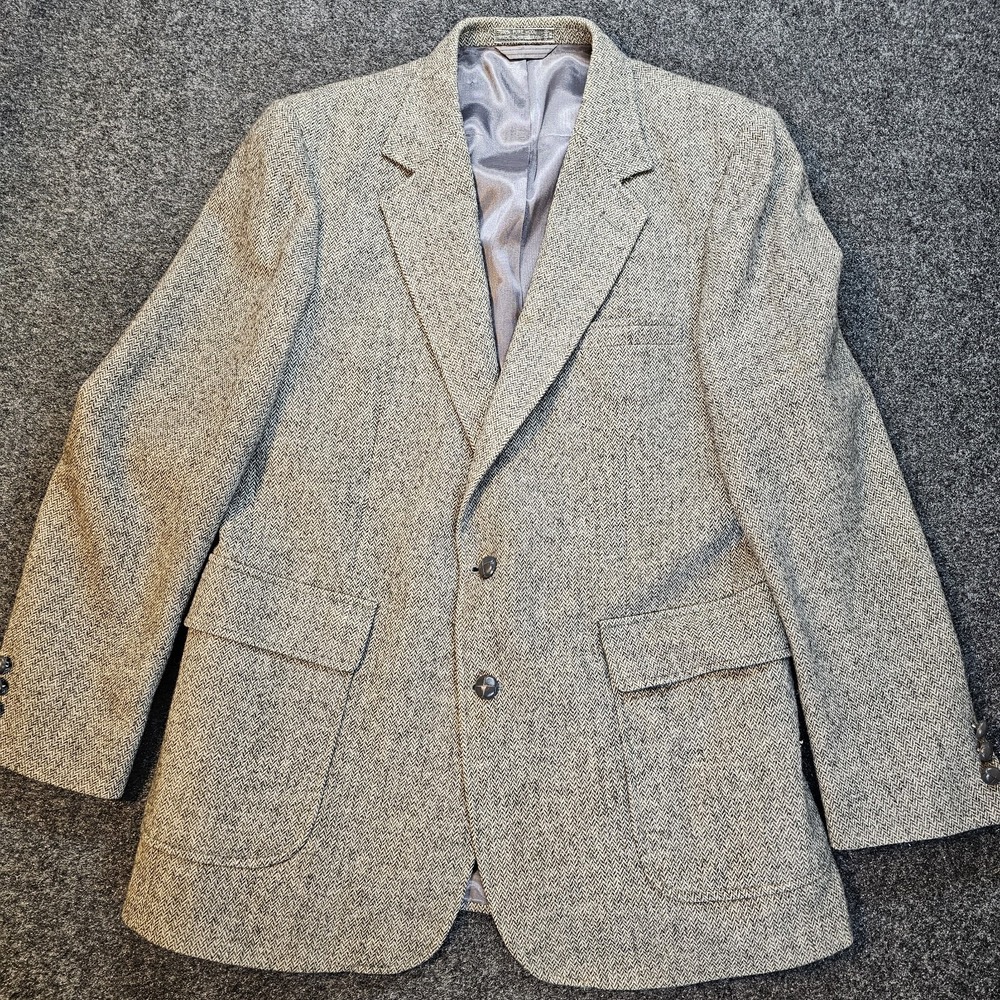 Woodmere Herringbone Tweed Blazer Men 42R 100% Pure Wool Gray Sport Coat Classic